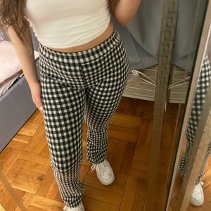 stretchy gingham pattern wide leg pants